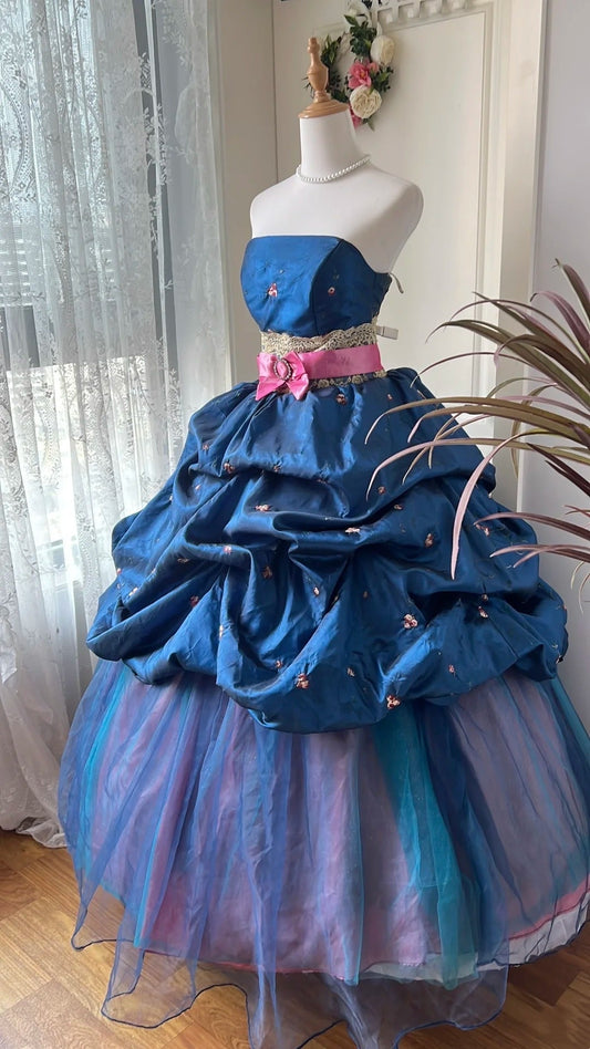 Stunning Ball Gown Navy Strapless Pleated Tulle Prom Dresses Evening Gala Gown Quinceanera Dress       D4737