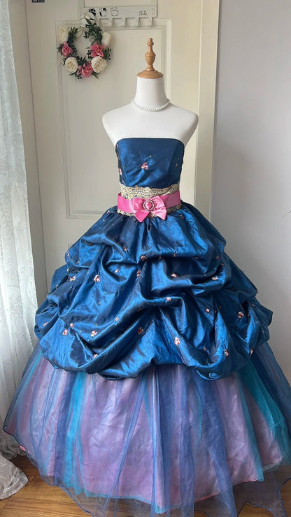 Stunning Ball Gown Navy Strapless Pleated Tulle Prom Dresses Evening Gala Gown Quinceanera Dress       D4737