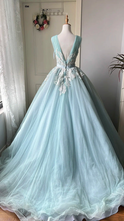 Pretty Ball Gown Light Blue Crew Neck Pleated Tulle Prom Dresses Evening Gala Gown Birthday Party Dress       D4741