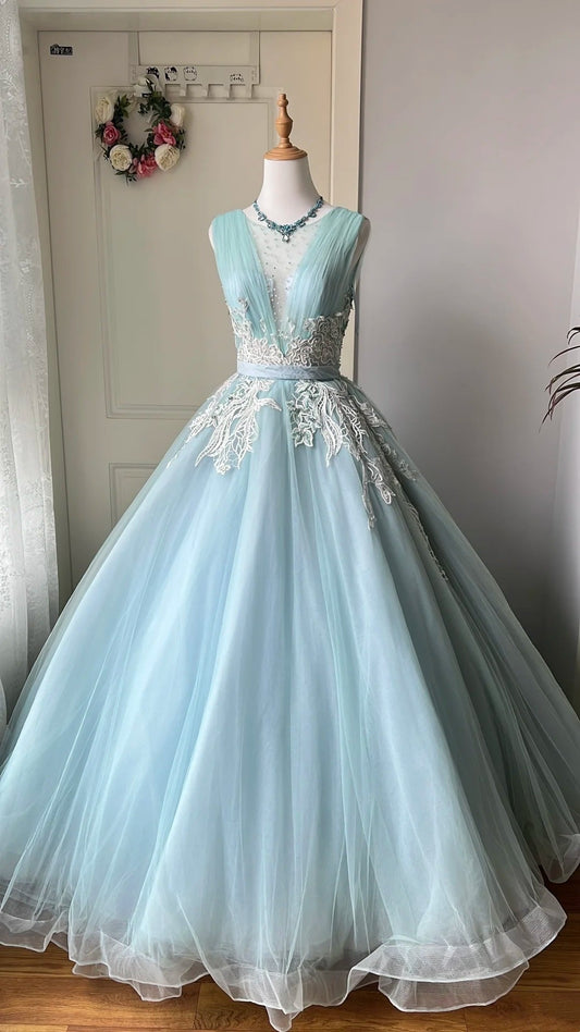 Pretty Ball Gown Light Blue Crew Neck Pleated Tulle Prom Dresses Evening Gala Gown Birthday Party Dress       D4741