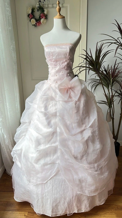 Chic Ball Gown Light Pink Strapless Pleated Prom Dresses Evening Gala Gown Quinceanera Dress       D4743