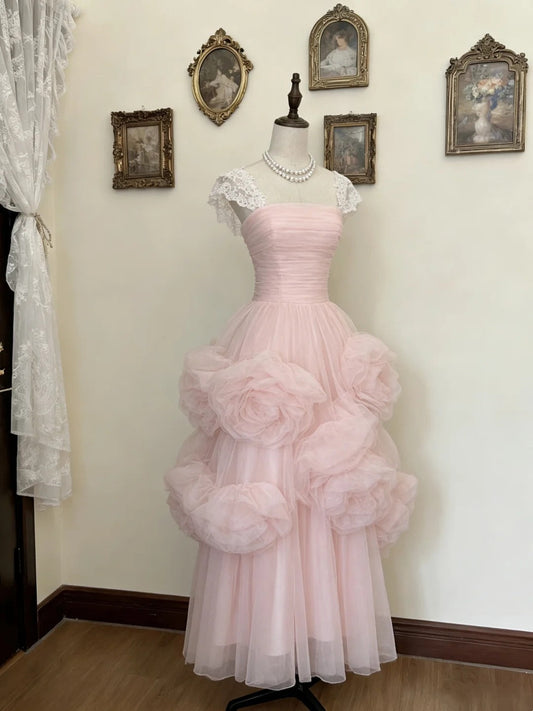 Pretty Prom Dress Light Pink Square Neck Tulle Formal Dresses Evening Dress Gala Gown  D4746