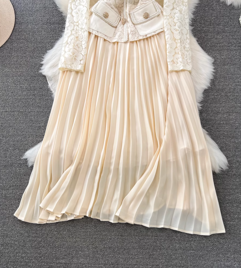 Celebrity temperament fake two-piece long-sleeved square-neck lace waist A-line wide swing dress R0330