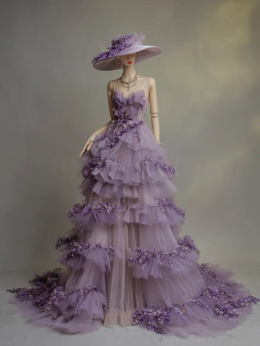A Line Prom Dress Spaghetti Straps Tulle Tiered Birthday Party Outfits Evening Dress Gala Gown D4761