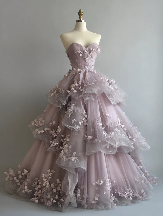 New Arrival Ball Gown Sweetheart Tulle Tiered Floral Prom Dresses Evening Gala Gown Quinceanera Dress       D4762