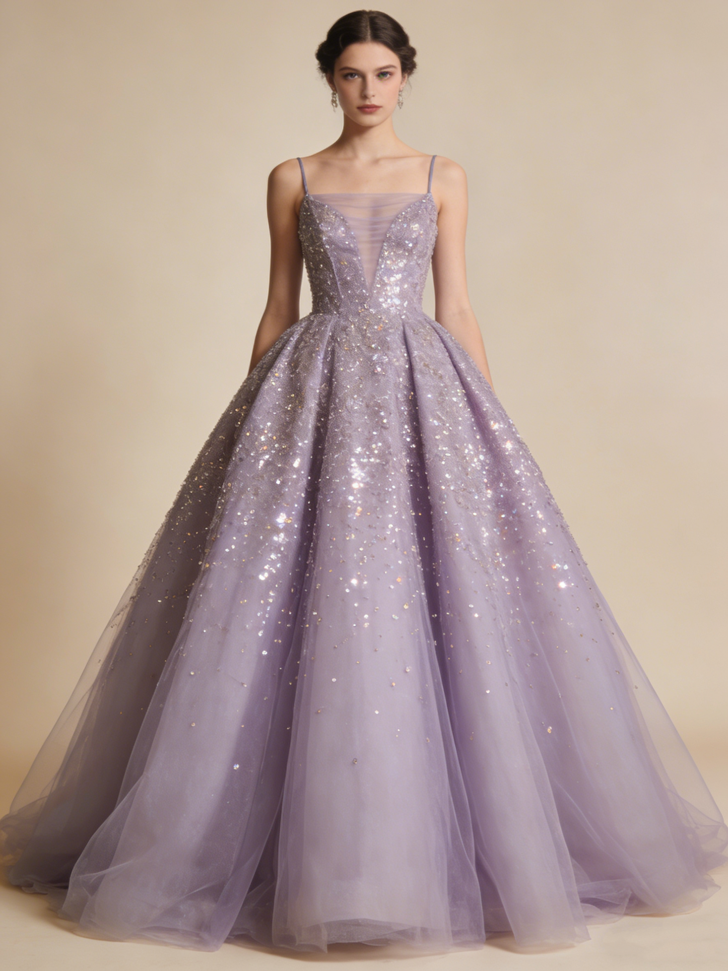 Shiny Ball Gown Light Purple Spaghetti Straps Pleated Tulle Prom Dresses Quinceanera Dress Evening Gala Gown      D4789