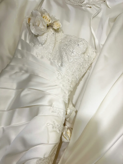 Pretty White Strapless Satin Pleated Appliques Mermaid Long Wedding Guest Dress Party Dress D21111