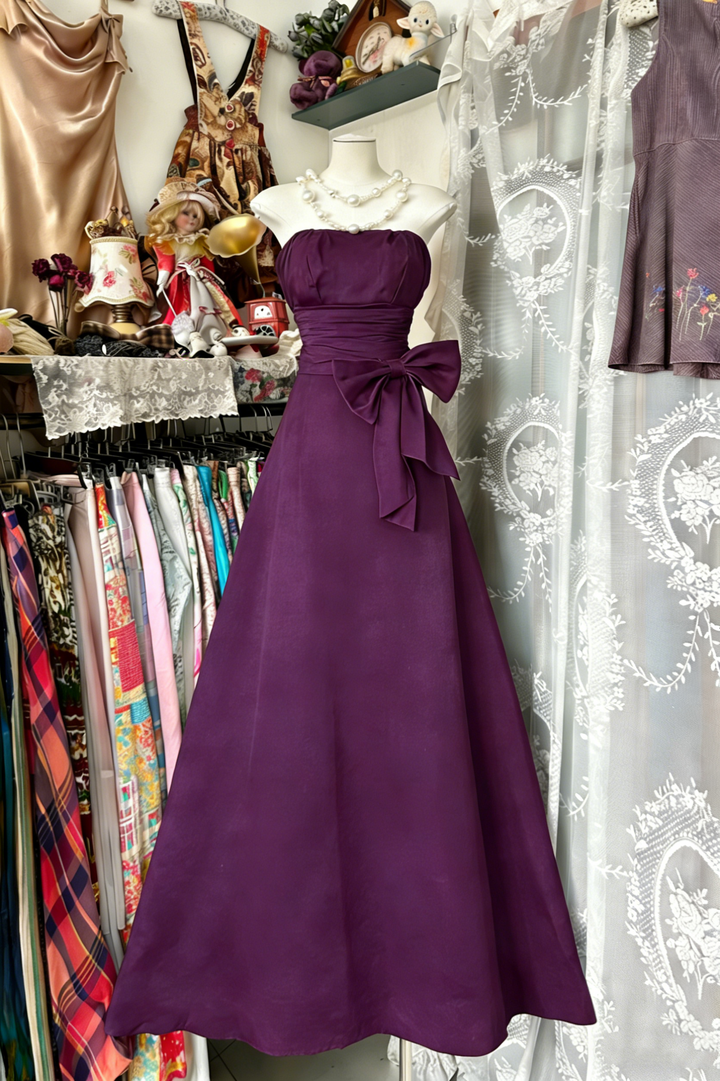 Elegant Navy Blue Strapless Satin Bow A Line Long Wedding Guest Dress Party Dress D1651