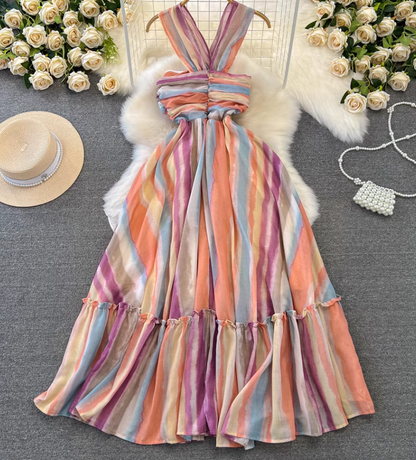 Dopamine wear rainbow stripes gradient halter neck long skirt V-neck waist A-line big swing dress R0377