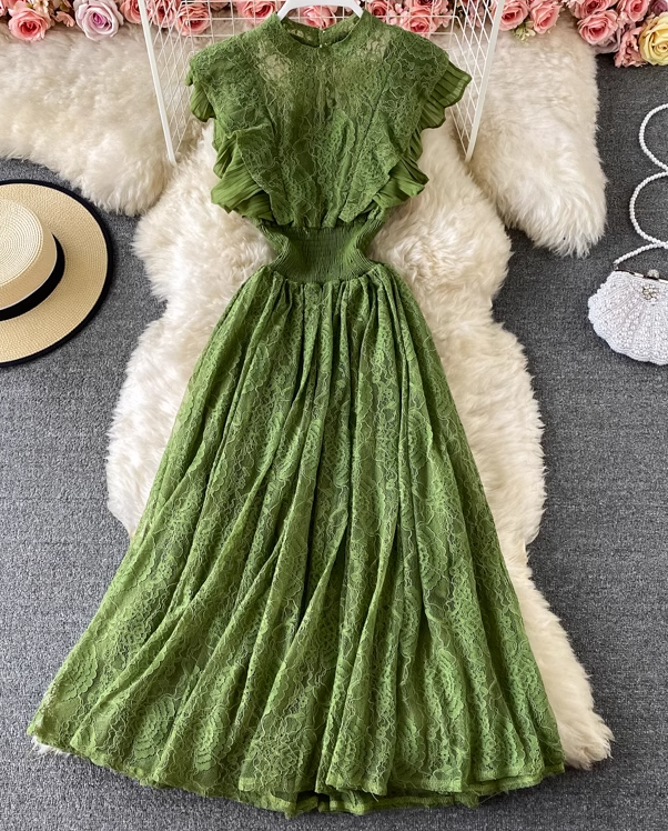 Lace round neck dress long sleeves fashionable slim fit elegant ruffled long skirt dress skirt R0396