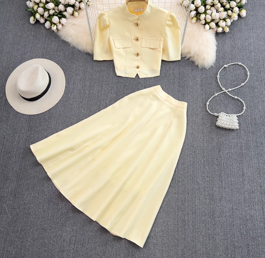 Fashion suit Stand collar single breasted puff sleeve short top two piece set high waist skirt R0327