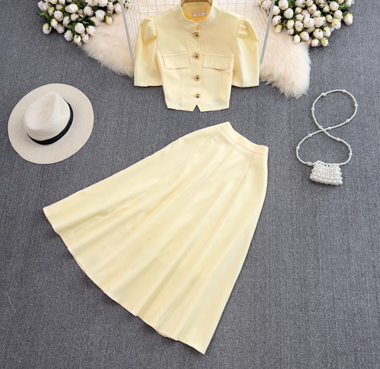 Fashion suit Stand collar single breasted puff sleeve short top two piece set high waist skirt R0327