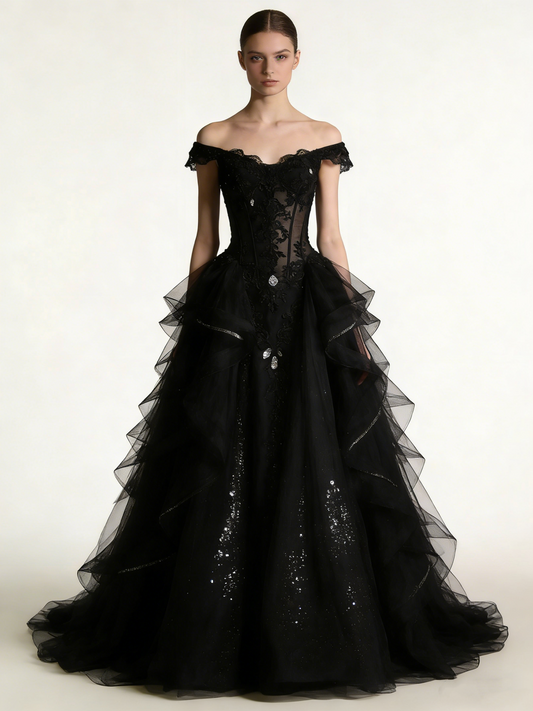 Beauty Prom Dress Black Off Shoulder Pleated Tulle Gala Gown Birthday Party Outfits Evening Dress  D4802