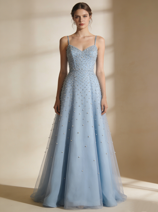 New Arrival Prom Dress Blue Spaghetti Straps Beading Gala Gown Birthday Party Outfits Evening Dress  D4805