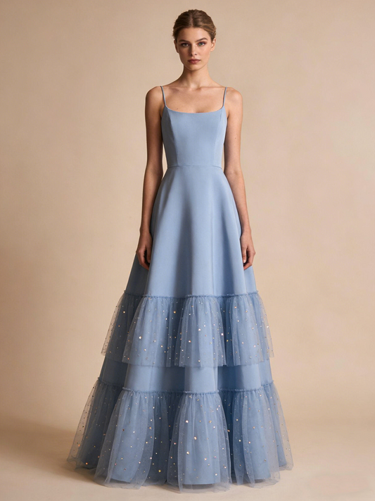 Light Blue Prom Dress A Line Spaghetti Straps Tulle Gala Gown Birthday Party Outfits Evening Dress  D4807