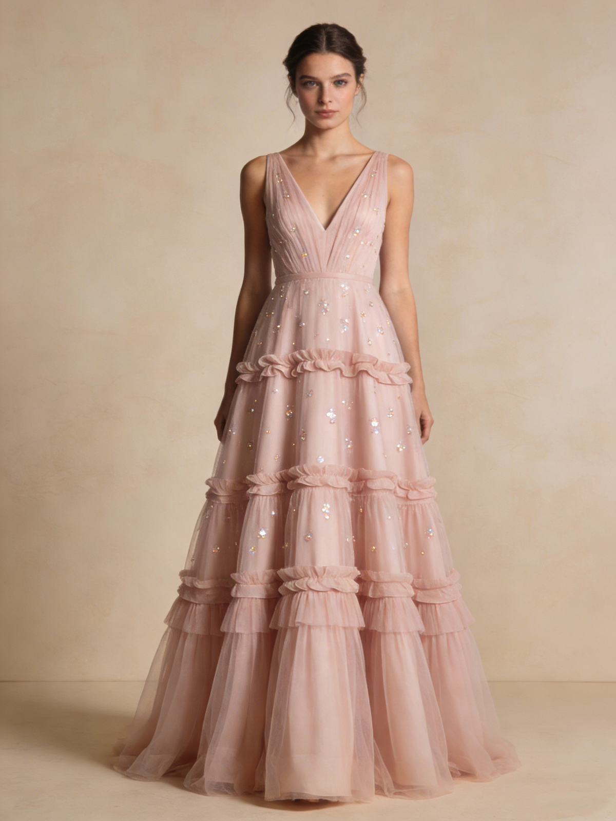 Elegant Prom Dress A Line V-neck Pleated Tulle Birthday Party Outfits Gala Dress Evening Gown  D4815
