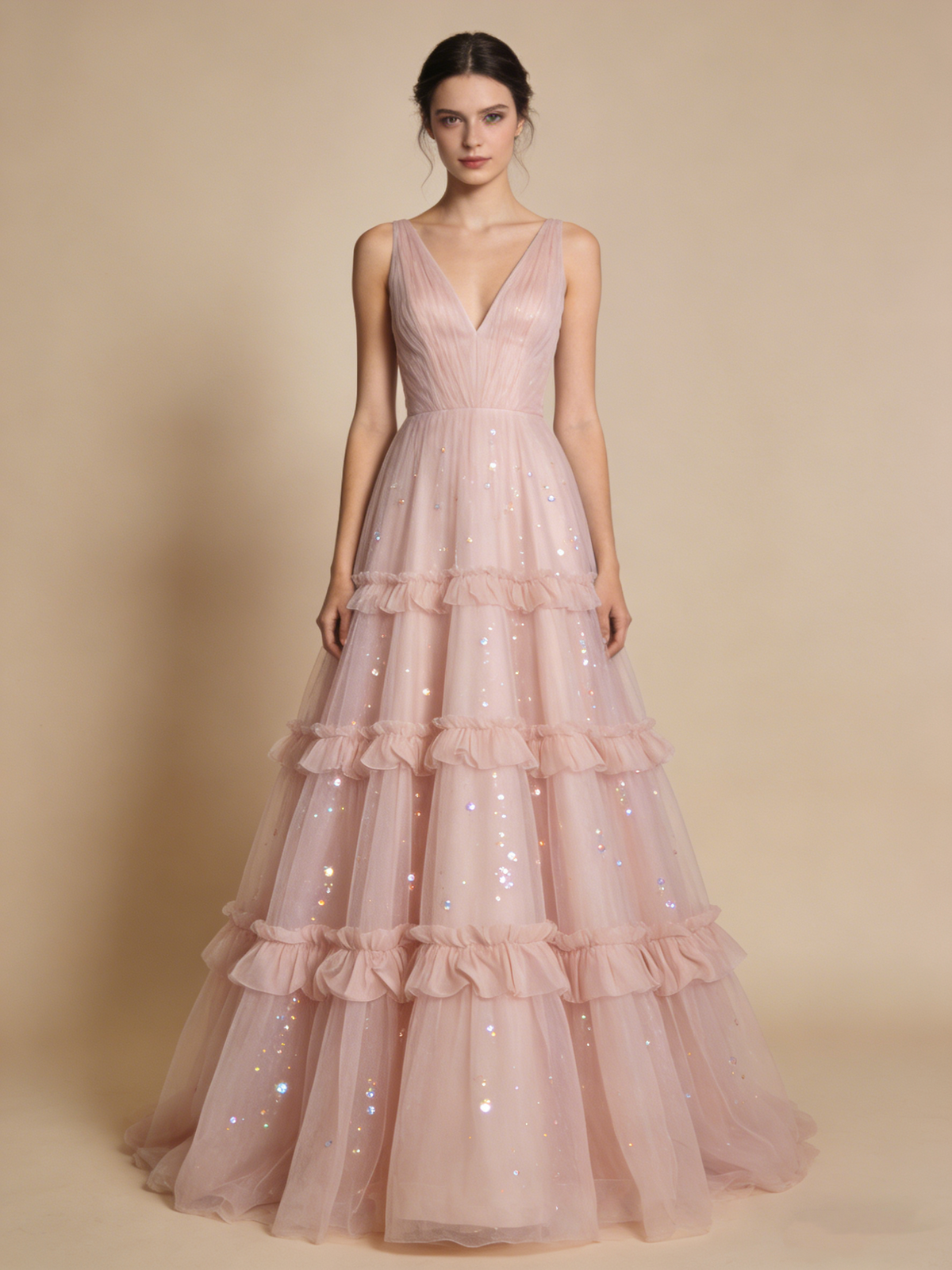 Chic Prom Dress V-neck Tulle Pleated Cocktail Outfits Gala Dress Evening Gown  D4817