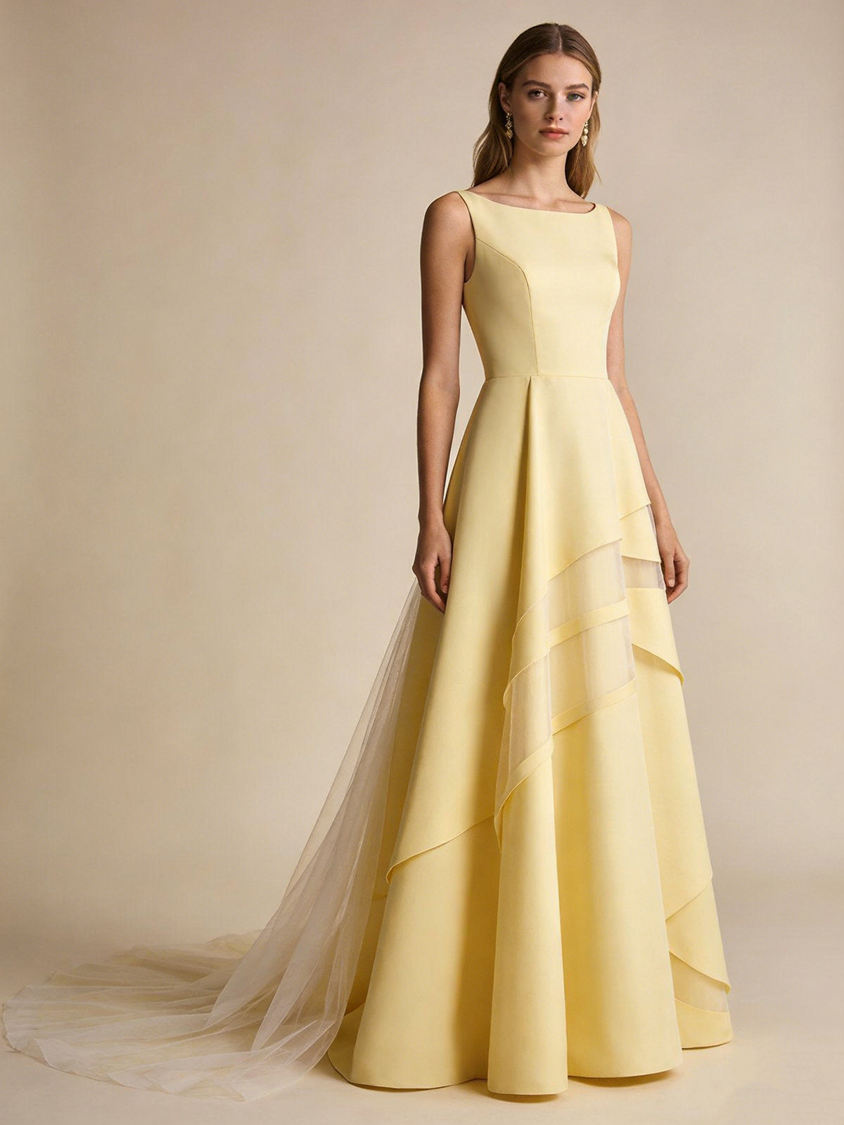 Light Yellow Prom Dress A Line Boat Neck Gala Dress Birthday Party Outfits Evening Gown  D4826