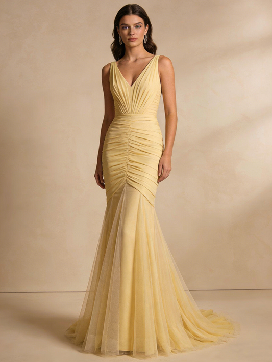 Light Yellow Prom Dress V-neck Pleated Tulle Mermaid Birthday Party Outfits Gala Dress Evening Gown  D4829