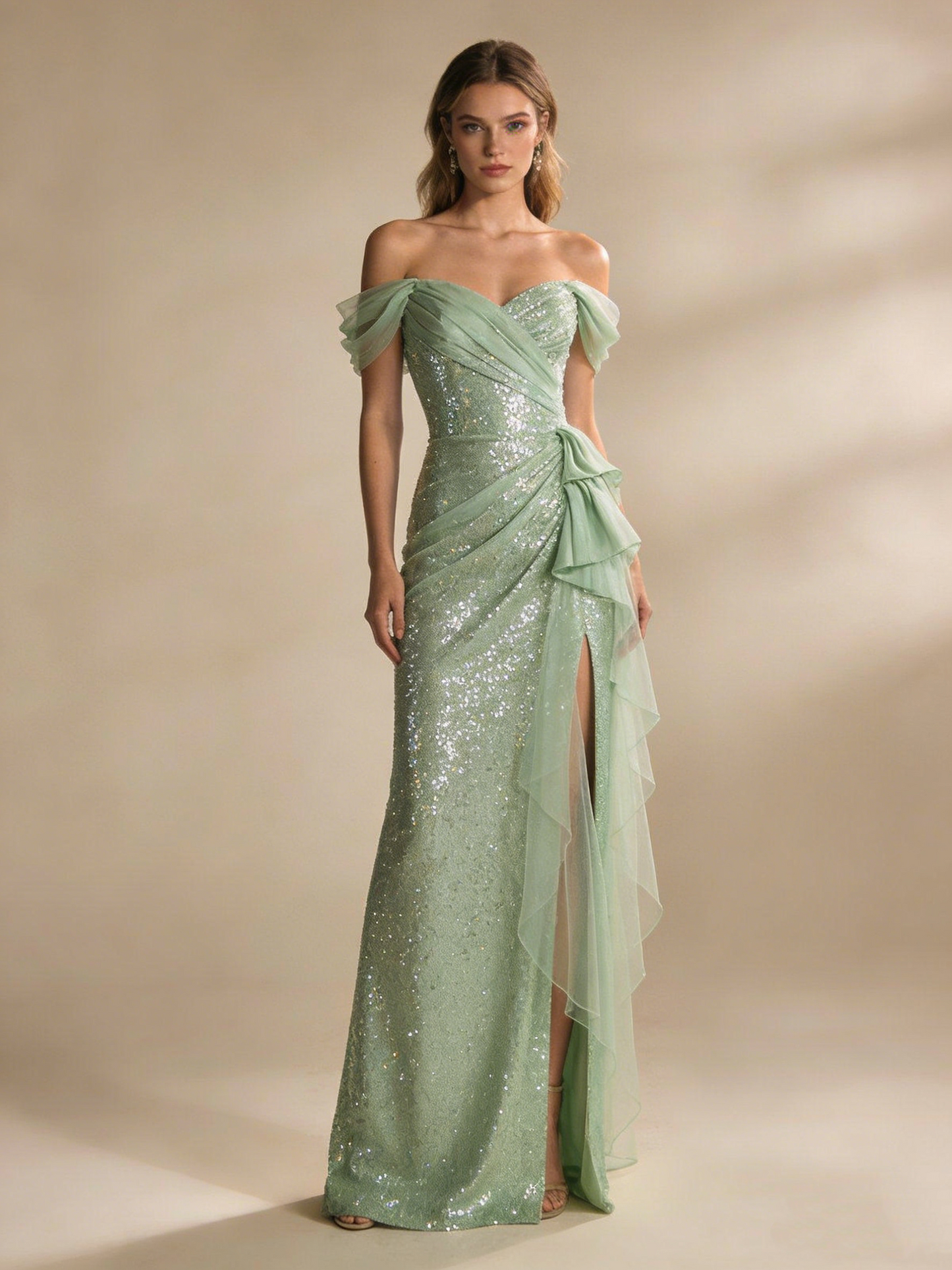 Chic Prom Dress Light Green Off Shoulder Pleated Tulle Birthday Party Outfits Gala Dress Evening Gown  D4831