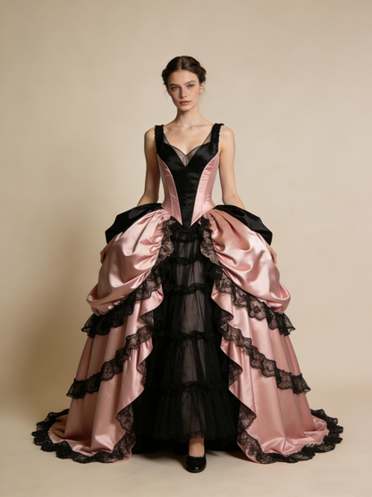 Chic Ball Gown Black Pink Straps Pleated Lace Prom Dresses Quinceanera Dress Evening Gala Gown      D4833