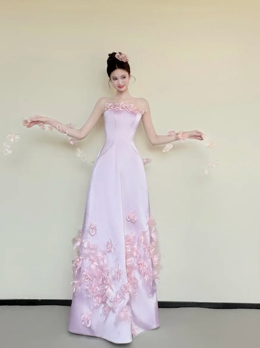 Beauty Prom Dress Light Pink Strapless Floral Gala Dress Evening Gown Birthday Party Outfits    D4847