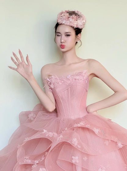 Fashion Ball Gown Light Pink Strapless Pleated Prom Dresses Sweet 16 Dress Evening Gala Gown      D4848