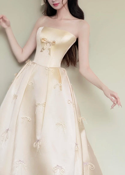Chic Prom Dress Light Yellow Strapless Gala Dress Evening Gown Birthday Party Outfits    D4851