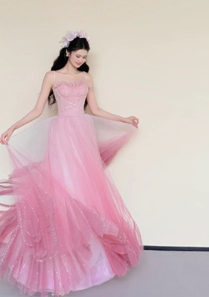 Stunning Prom Dress Pink Spaghetti Straps Pleated Tulle Gala Dress Evening Gown Birthday Party Outfits    D4852