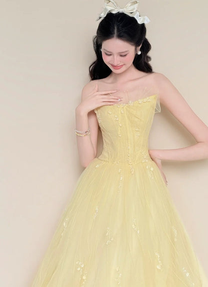 Charming Prom Dress Strapless Pleated Tulle Gala Dress Evening Gown Cocktail Party Outfits    D4855