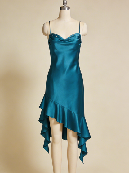 Pretty Prom Dress Satin Spaghetti Straps Ruffle Gala Dress Evening Gown Cocktail Outfits    D4866
