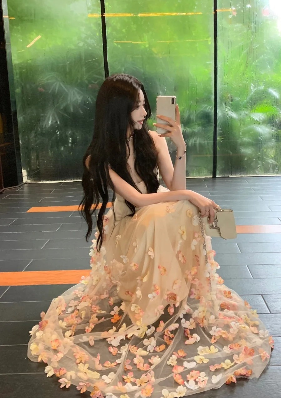 Charming Prom Dress Spaghetti Straps Pleated Tulle Floral Gala Evening Gown Dress Birthday Party Outfits    D4880