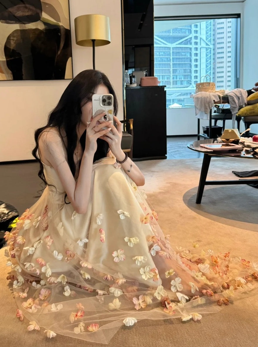 Charming Prom Dress Spaghetti Straps Pleated Tulle Floral Gala Evening Gown Dress Birthday Party Outfits    D4880