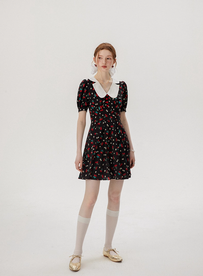 Baby collar floral dress French style black dress petite short dress female summer new style R3561