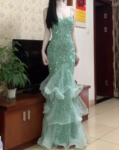 Sparking Prom Dress Spaghetti Straps Tulle Mermaid Birthday Party Outfits Backless Evening Gown Gala Dress     D4897
