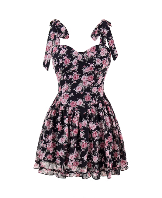 Tea break French floral suspender dress 2025 new sweet and spicy style waist slim chiffon short skirt R0116