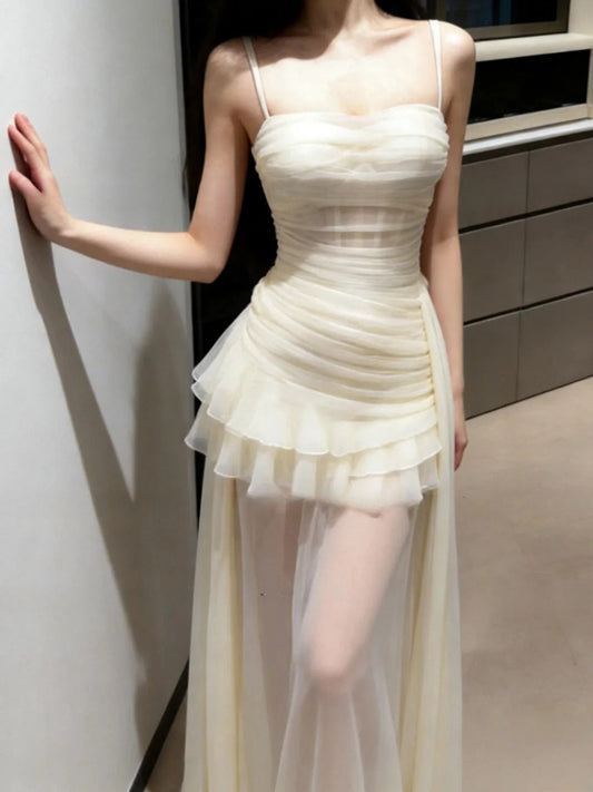 Stunning Prom Dress Spaghetti Straps Birthday Party Outfits Pleated Tulle Evening Gown Gala Dress     D4900