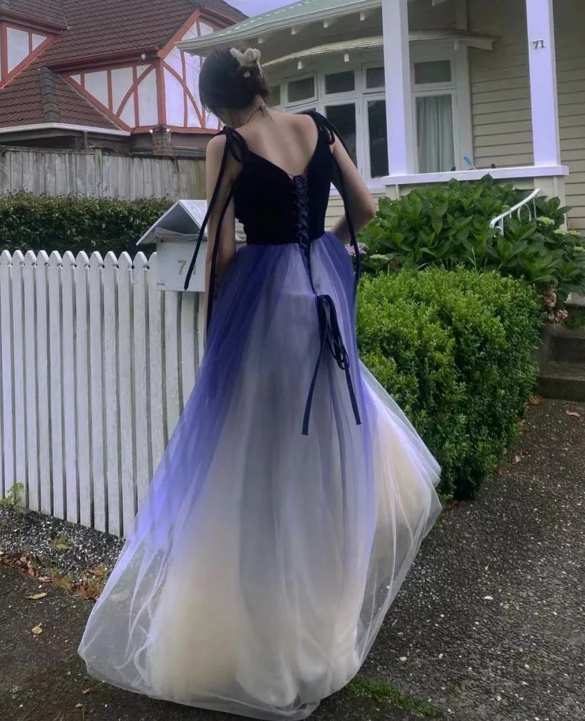 Ombre Prom Dress Spaghetti Straps Tulle Birthday Party Outfits Evening Gown Gala Dress     D4904