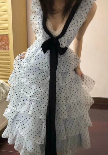 Chic Prom Dress Baby Blue V-neck Polka Dots Gala Dress Evening Gown Birthday Party Outfits    D4913