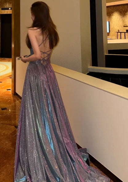 Sparking Prom Dress Spaghetti Straps Slit Gala Gown Birthday Party Outfits Evening Dress    D4918