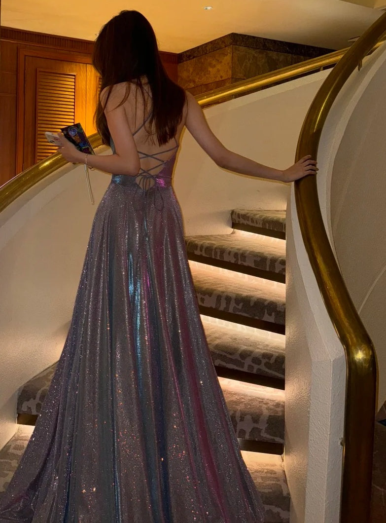 Sparking Prom Dress Spaghetti Straps Slit Gala Gown Birthday Party Outfits Evening Dress    D4918