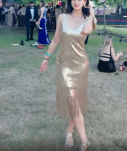 Shiny Prom Dress Gold Sequins V-neck Gala Gown Birthday Party Outfits Evening Dress    D4919