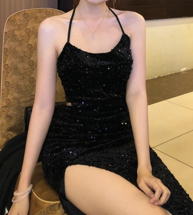 Sexy Prom Dress Black Spaghetti Straps Sequins Backless Gala Gown Evening Dress Birthday Party Outfits    D4923