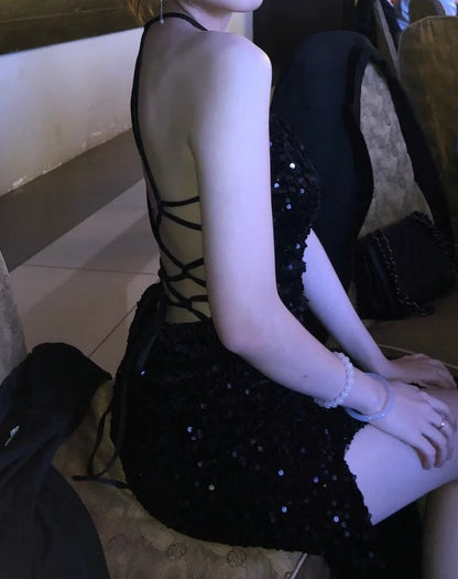 Sexy Prom Dress Black Spaghetti Straps Sequins Backless Gala Gown Evening Dress Birthday Party Outfits    D4923