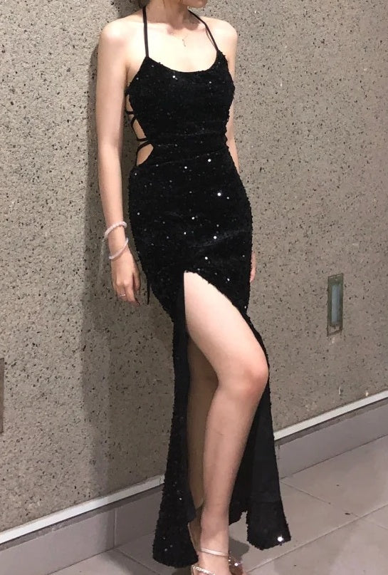 Sexy Prom Dress Black Spaghetti Straps Sequins Backless Gala Gown Evening Dress Birthday Party Outfits    D4923