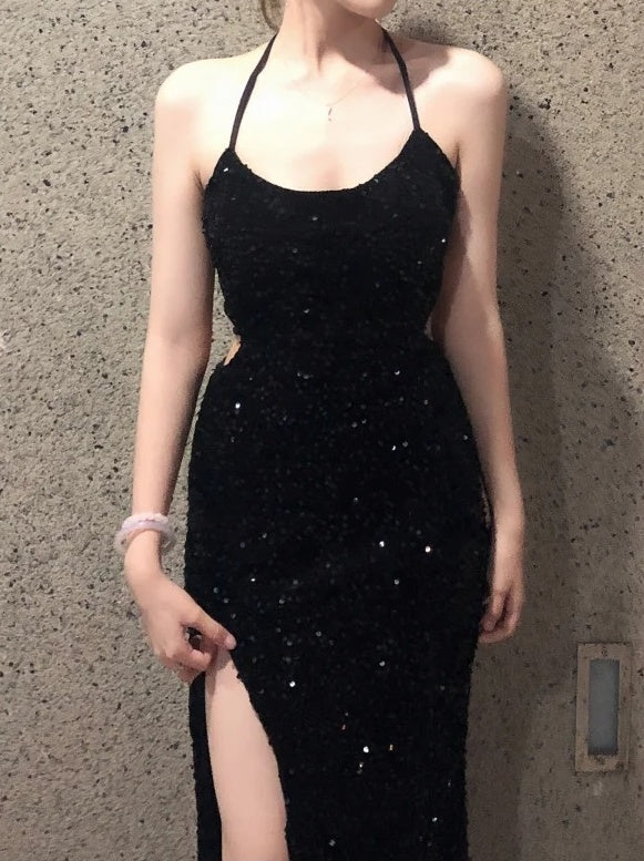 Sexy Prom Dress Black Spaghetti Straps Sequins Backless Gala Gown Evening Dress Birthday Party Outfits    D4923