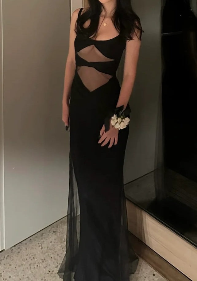 Sexy Prom Dress Black Spaghetti Straps Sheath Tulle Gala Gown Birthday Party Outfits Evening Dresses   D4939