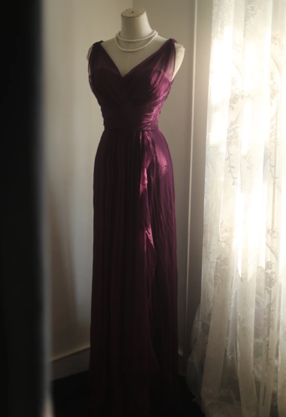 Charming Purple V Neck Tulle Long Wedding Guest Dress Formal Evening Dress Prom Dress D2209