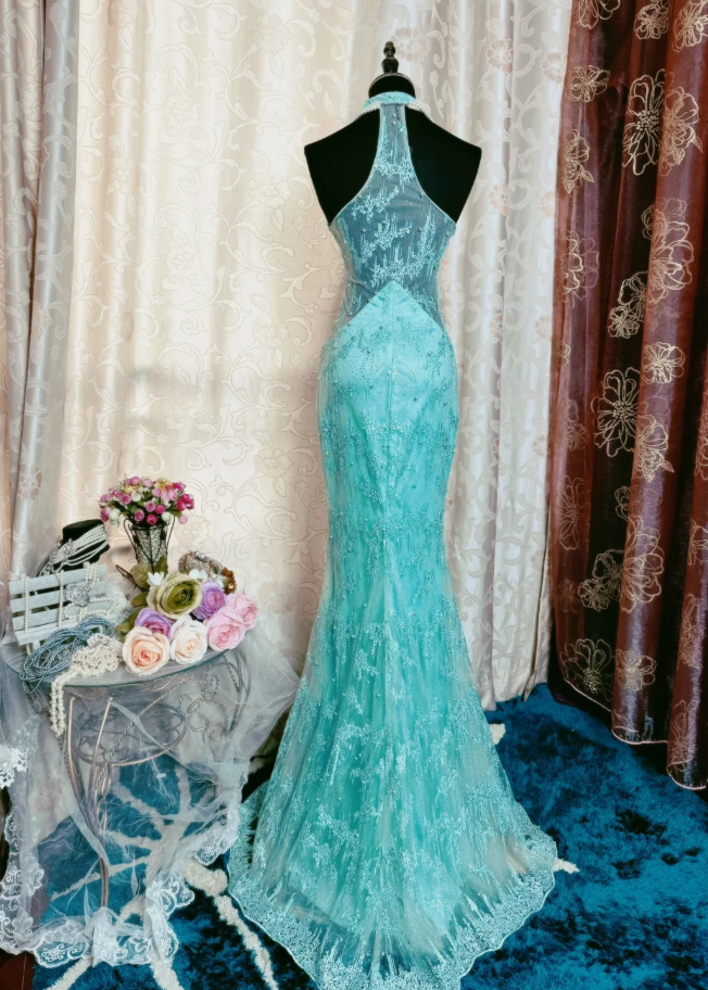 Glamorous Sleeveless Mint Green Lace Beaded Mermaid Long Prom Dress Formal Birthday Evening Gown SP1893