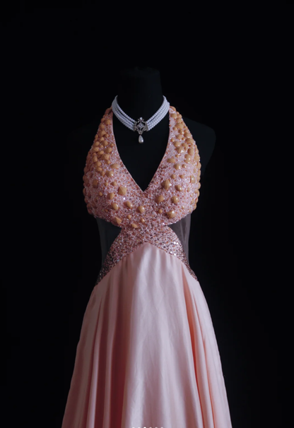 Gorgeous Pink Halter V Neck Satin Beaded Mermaid Long Party Dress Backless Evening Dress D1998